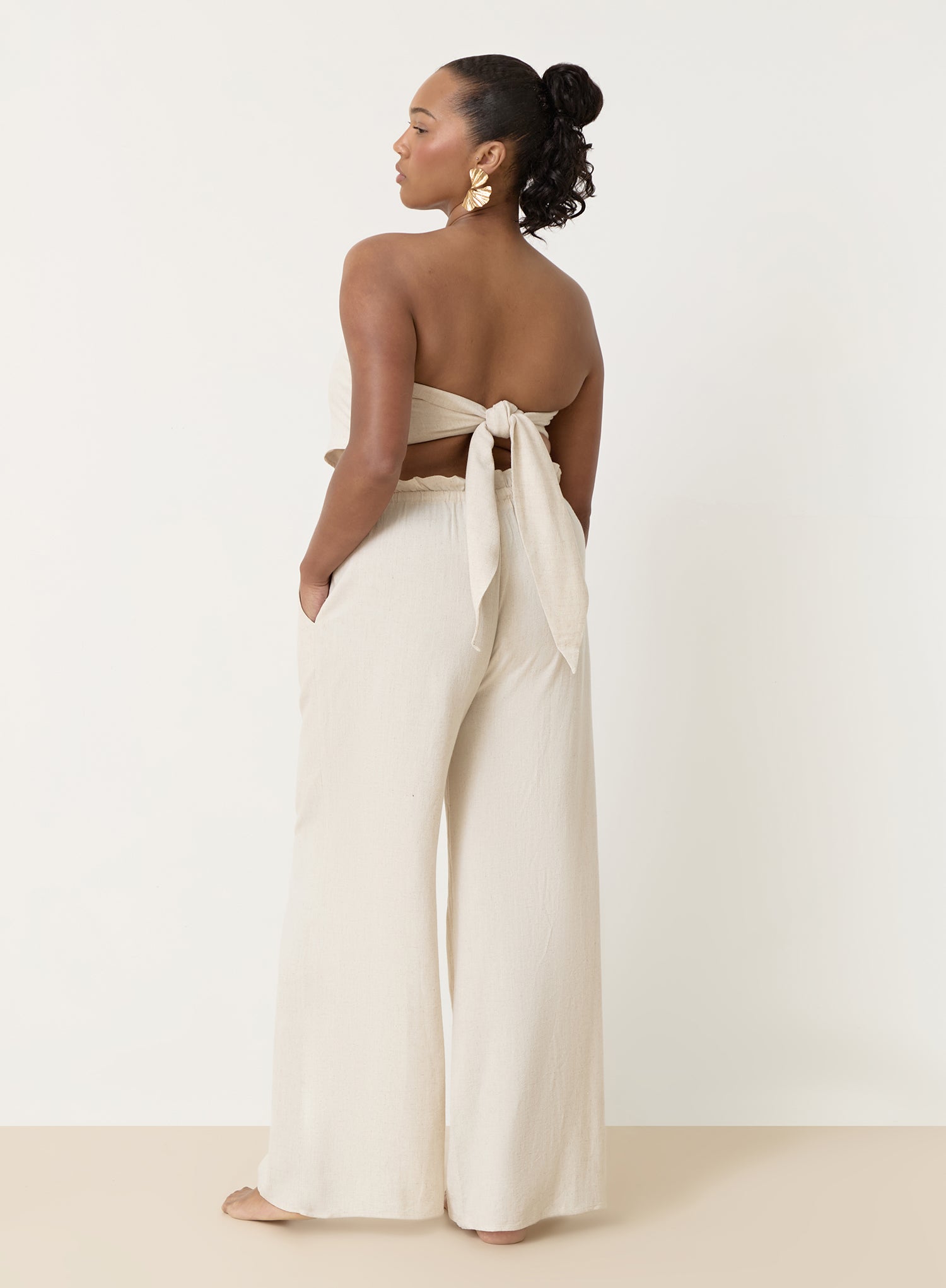 Beige Linen Drawstring Waist Trouser